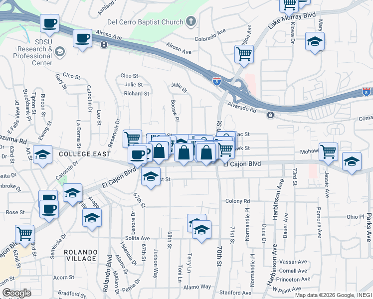 map of restaurants, bars, coffee shops, grocery stores, and more near 6880 Mohawk Street in San Diego