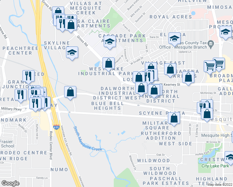 map of restaurants, bars, coffee shops, grocery stores, and more near 1111-1473 West Scyene Road in Mesquite