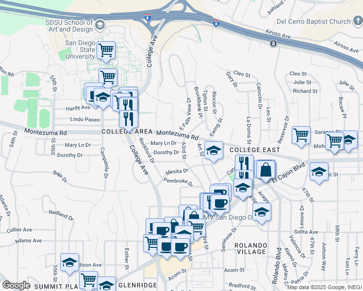 map of restaurants, bars, coffee shops, grocery stores, and more near 5011 63rd Street in San Diego