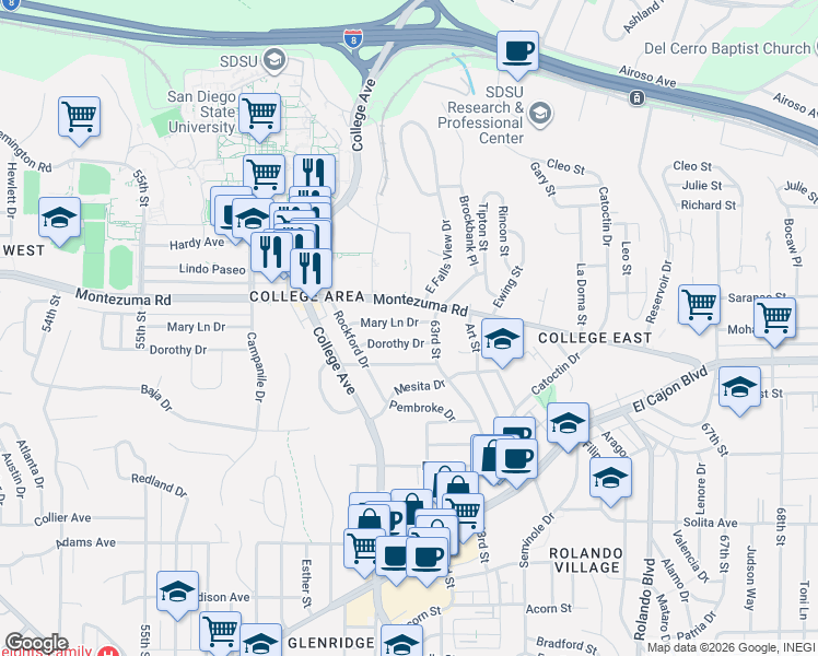 map of restaurants, bars, coffee shops, grocery stores, and more near 6233 Mary Lane Drive in San Diego