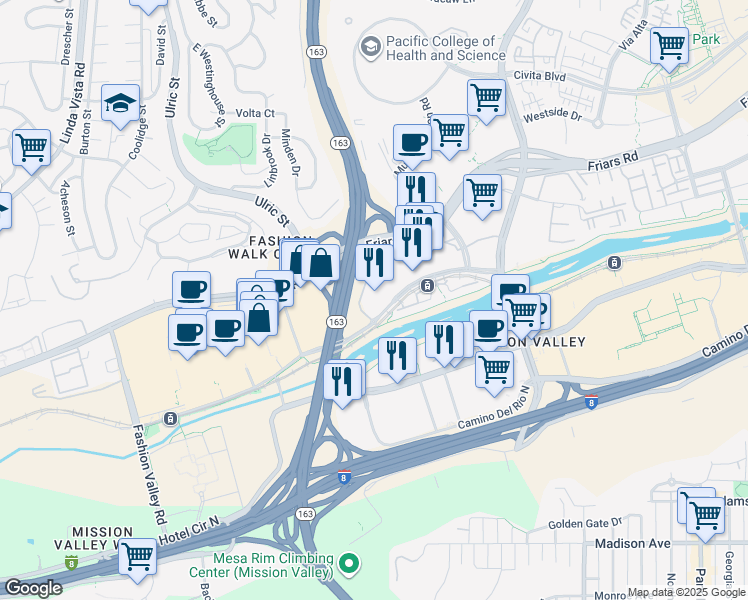 map of restaurants, bars, coffee shops, grocery stores, and more near 7450 Hazard Center Drive in San Diego