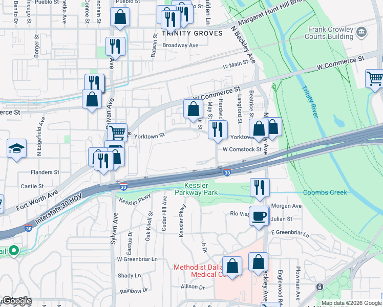 map of restaurants, bars, coffee shops, grocery stores, and more near 401 Tom Landry Freeway in Dallas