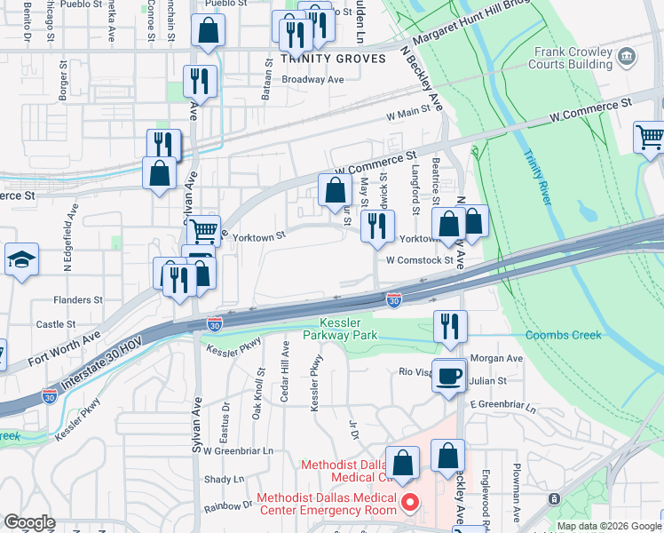 map of restaurants, bars, coffee shops, grocery stores, and more near 401 Tom Landry Freeway in Dallas