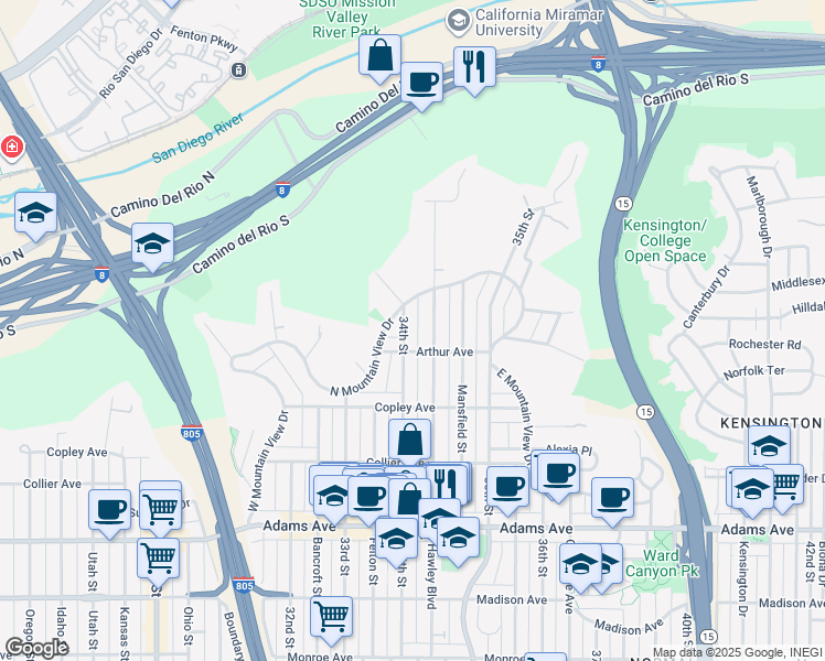 map of restaurants, bars, coffee shops, grocery stores, and more near 3407 North Mountain View Drive in San Diego