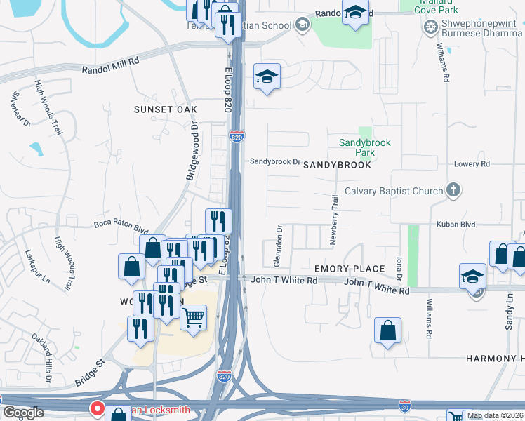 map of restaurants, bars, coffee shops, grocery stores, and more near 6900 Fallbrook Court in Fort Worth