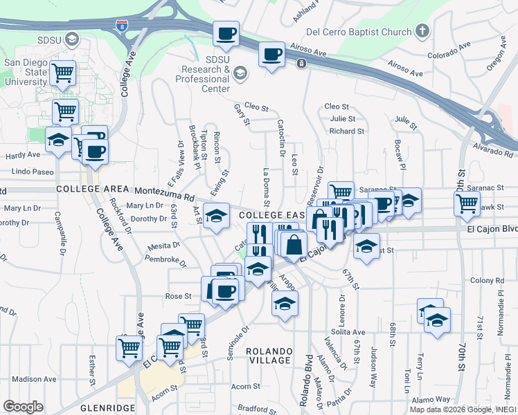 map of restaurants, bars, coffee shops, grocery stores, and more near 6486 Montezuma Road in San Diego