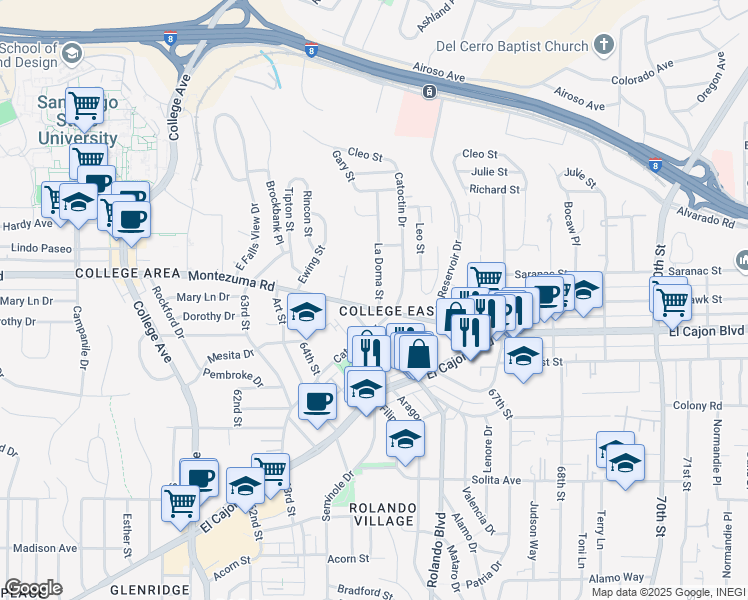 map of restaurants, bars, coffee shops, grocery stores, and more near 5045 La Dorna Street in San Diego