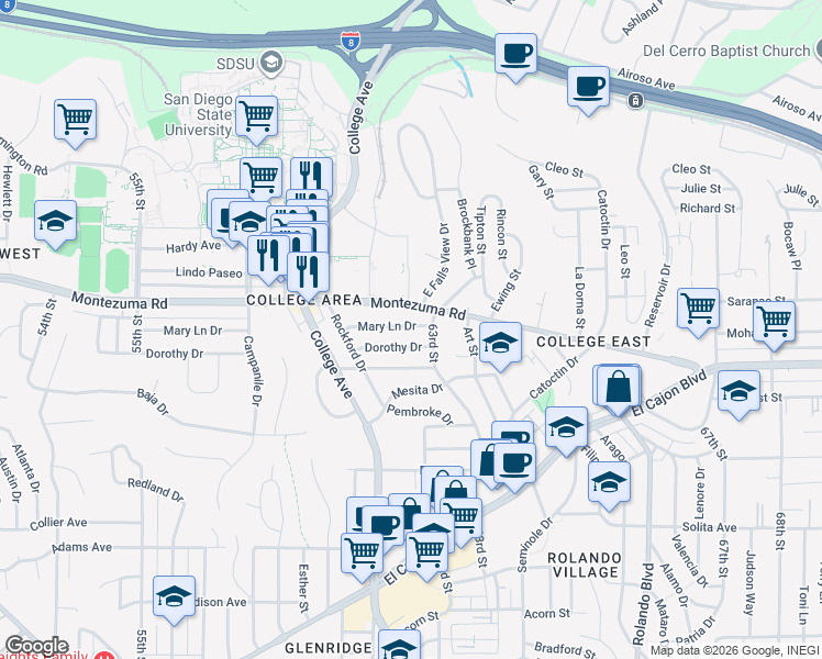 map of restaurants, bars, coffee shops, grocery stores, and more near 6219 Montezuma Road in San Diego