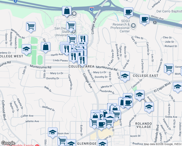 map of restaurants, bars, coffee shops, grocery stores, and more near 6149 1/2 Montezuma Road in San Diego