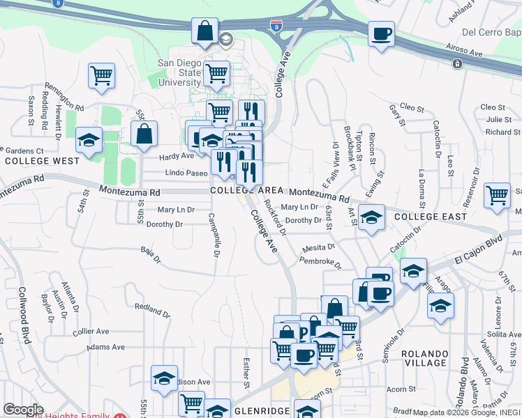 map of restaurants, bars, coffee shops, grocery stores, and more near 6055 Montezuma Road in San Diego