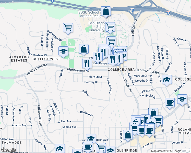 map of restaurants, bars, coffee shops, grocery stores, and more near 5683 Montezuma Road in San Diego