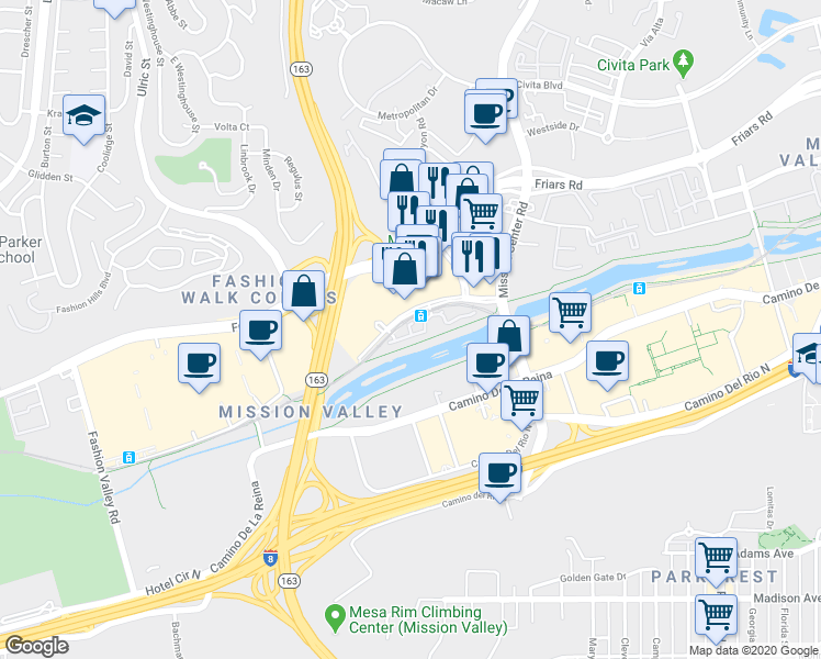 map of restaurants, bars, coffee shops, grocery stores, and more near 7510 Hazard Center Drive in San Diego