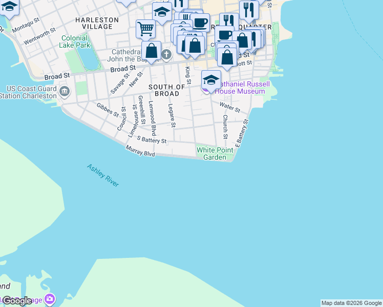 map of restaurants, bars, coffee shops, grocery stores, and more near 36 South Battery in Charleston