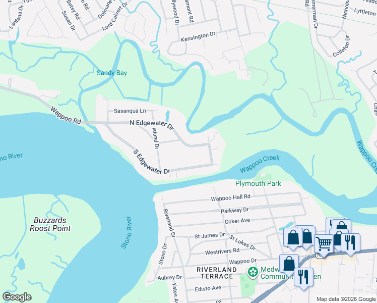 map of restaurants, bars, coffee shops, grocery stores, and more near 1320 North Edgewater Drive in Charleston