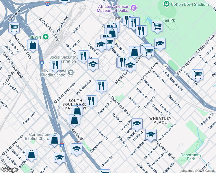 map of restaurants, bars, coffee shops, grocery stores, and more near 2842 South Boulevard in Dallas