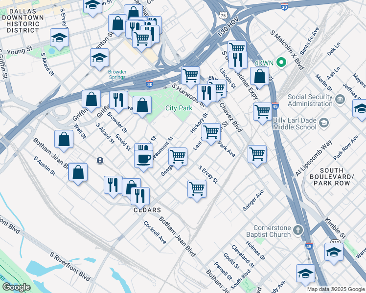 map of restaurants, bars, coffee shops, grocery stores, and more near 1721 Hickory Street in Dallas
