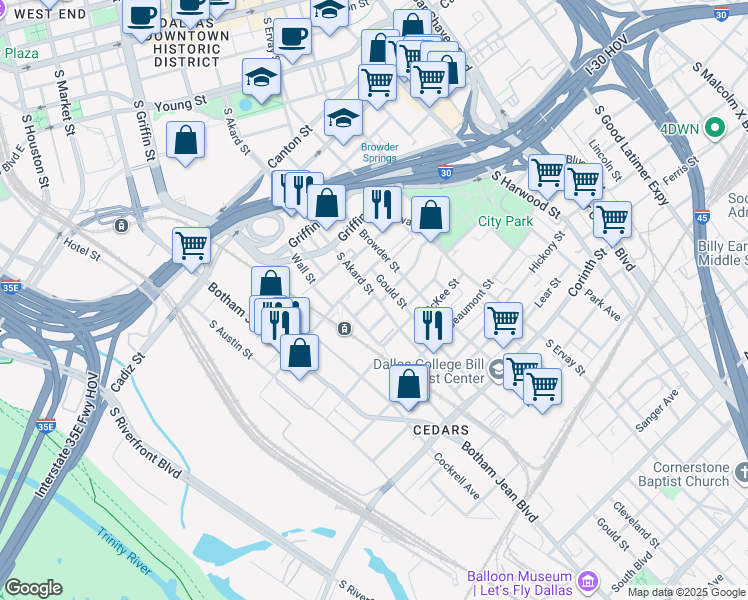 map of restaurants, bars, coffee shops, grocery stores, and more near 1406 South Akard Street in Dallas