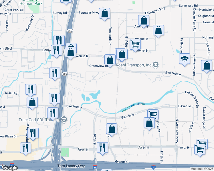 map of restaurants, bars, coffee shops, grocery stores, and more near 850 Greenview Drive in Grand Prairie