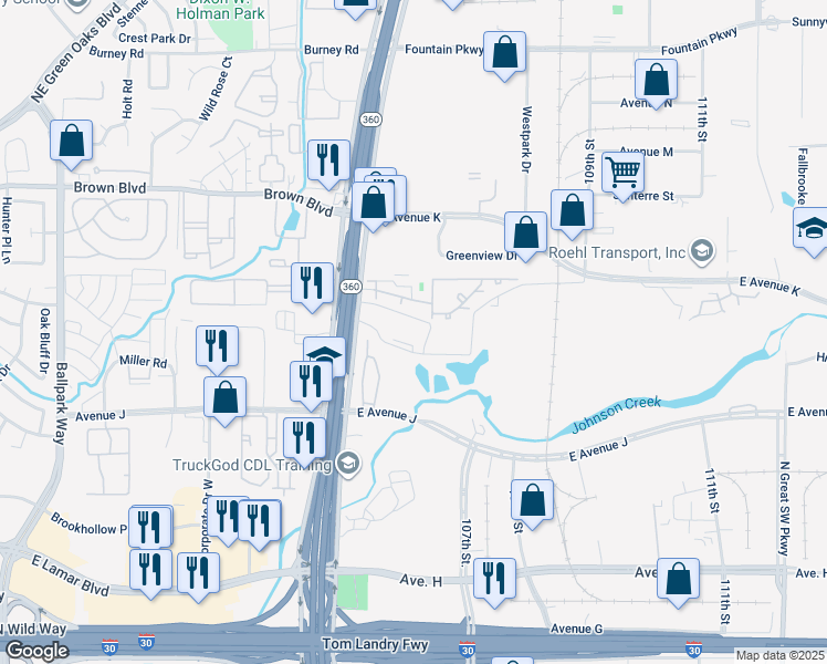 map of restaurants, bars, coffee shops, grocery stores, and more near 1450 North Highway 360 in Grand Prairie