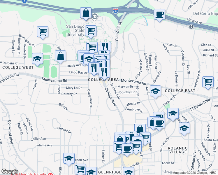 map of restaurants, bars, coffee shops, grocery stores, and more near 6055 Montezuma Road in San Diego