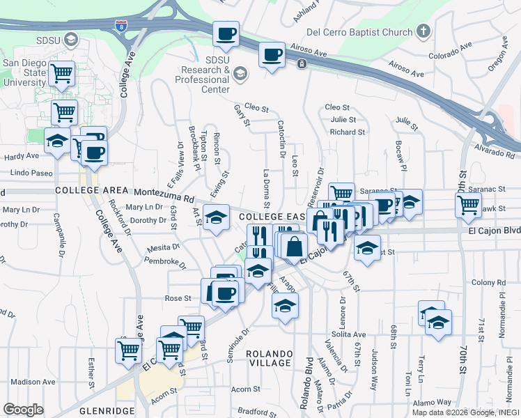 map of restaurants, bars, coffee shops, grocery stores, and more near 6486 Montezuma Road in San Diego