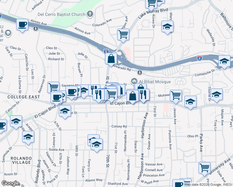map of restaurants, bars, coffee shops, grocery stores, and more near 7062 Mohawk Street in San Diego