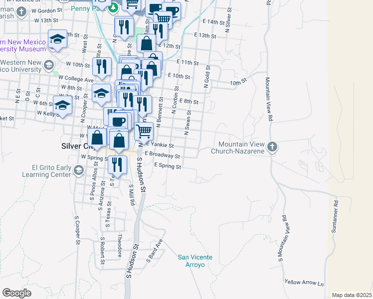 map of restaurants, bars, coffee shops, grocery stores, and more near 500-598 East Market Street in Silver City