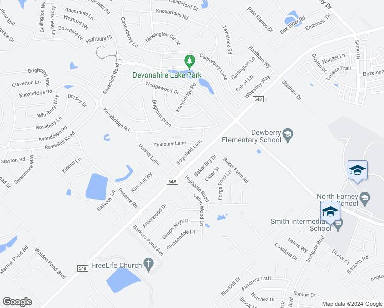 map of restaurants, bars, coffee shops, grocery stores, and more near 1018 Edgefield Lane in Forney