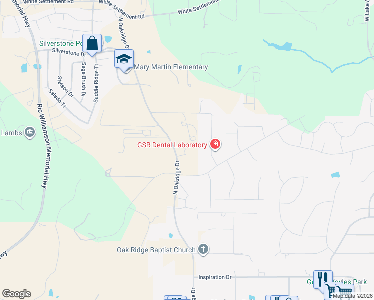 map of restaurants, bars, coffee shops, grocery stores, and more near 606 North Oakridge Drive in Hudson Oaks
