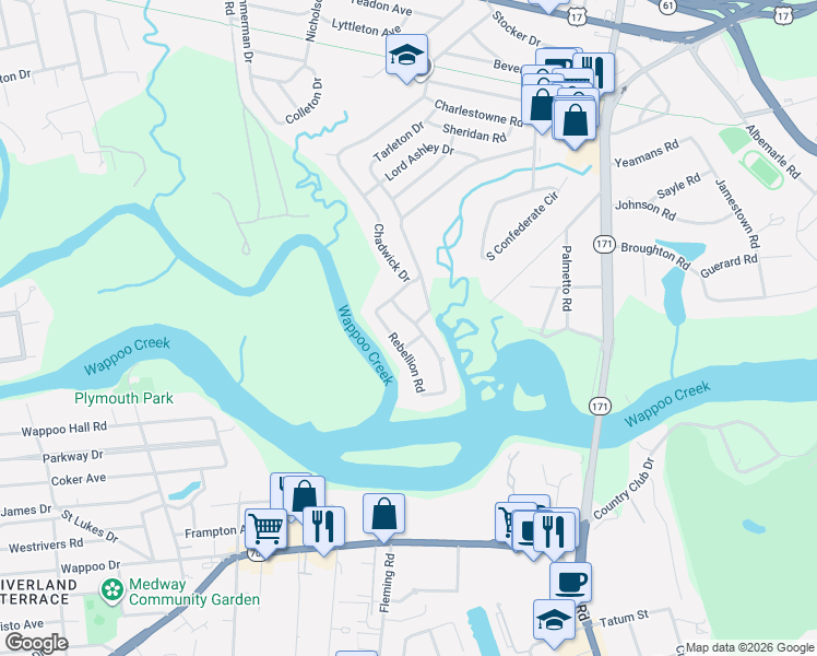 map of restaurants, bars, coffee shops, grocery stores, and more near 6 Dade Drive in Charleston