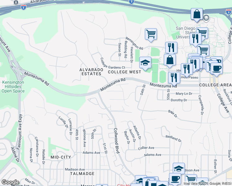 map of restaurants, bars, coffee shops, grocery stores, and more near 5201 Joan Court in San Diego