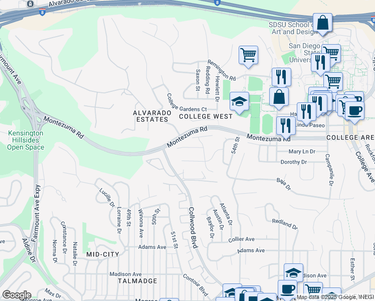 map of restaurants, bars, coffee shops, grocery stores, and more near 5201 Joan Court in San Diego
