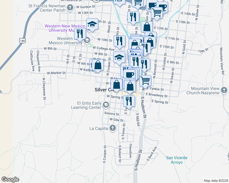 map of restaurants, bars, coffee shops, grocery stores, and more near 412 West Broadway Street in Silver City
