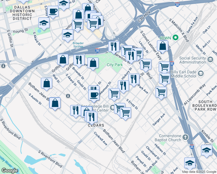 map of restaurants, bars, coffee shops, grocery stores, and more near in Dallas