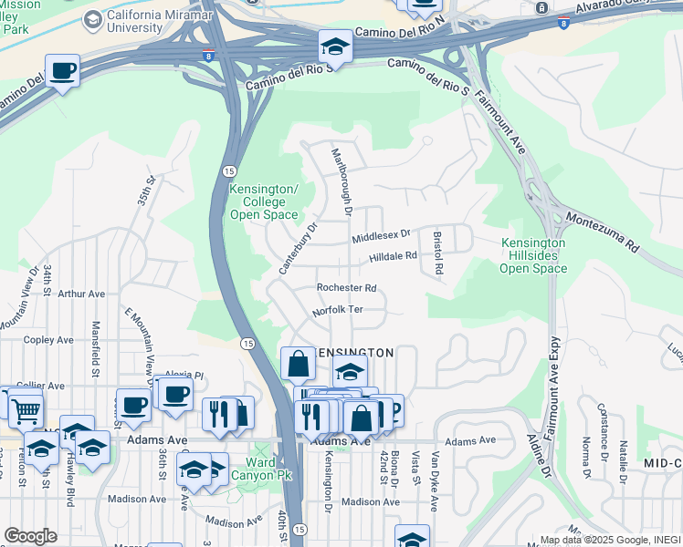 map of restaurants, bars, coffee shops, grocery stores, and more near 5068 Marlborough Drive in San Diego