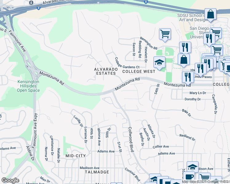 map of restaurants, bars, coffee shops, grocery stores, and more near 5000-5090 Montezuma Road in San Diego