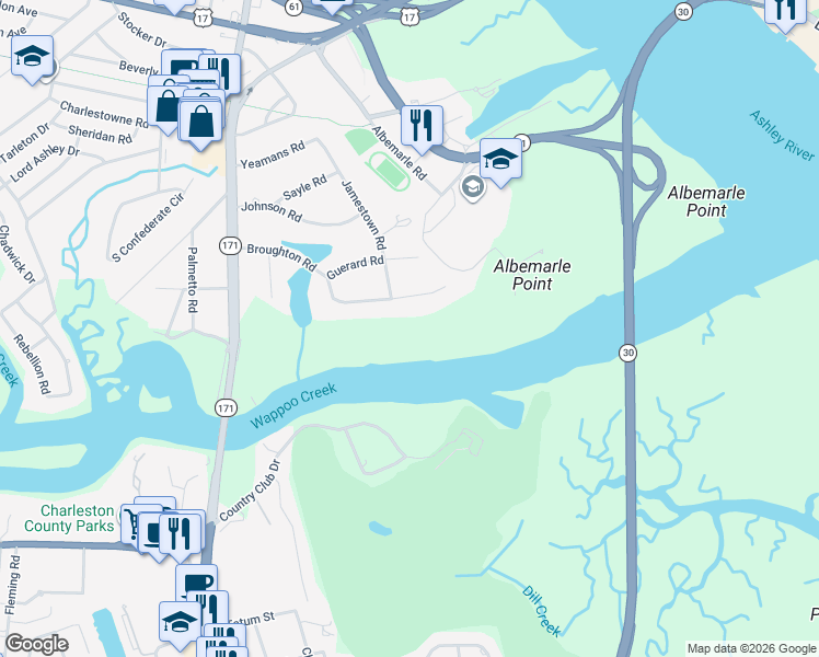 map of restaurants, bars, coffee shops, grocery stores, and more near 11 Broughton Road in Charleston