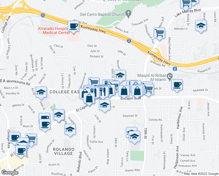 map of restaurants, bars, coffee shops, grocery stores, and more near 6776 Mohawk Street in San Diego