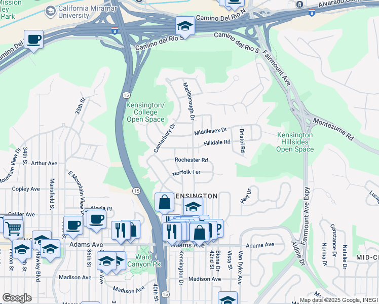 map of restaurants, bars, coffee shops, grocery stores, and more near 5050 Marlborough Drive in San Diego