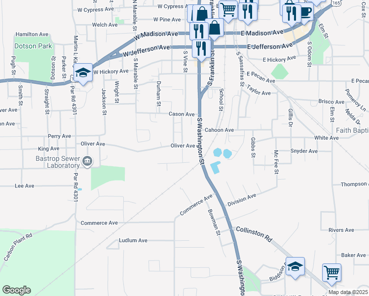 map of restaurants, bars, coffee shops, grocery stores, and more near 801 Boatner Street in Bastrop