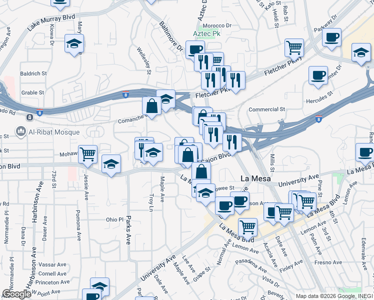 map of restaurants, bars, coffee shops, grocery stores, and more near 5055 Guava Avenue in La Mesa