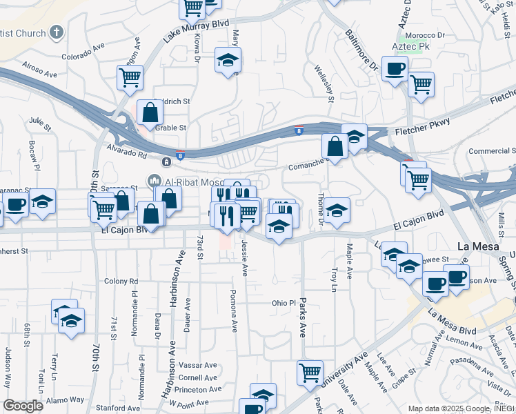 map of restaurants, bars, coffee shops, grocery stores, and more near 5050 Williams Avenue in La Mesa