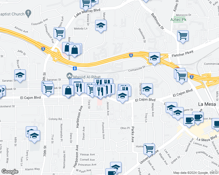 map of restaurants, bars, coffee shops, grocery stores, and more near 5050 Williams Avenue in La Mesa