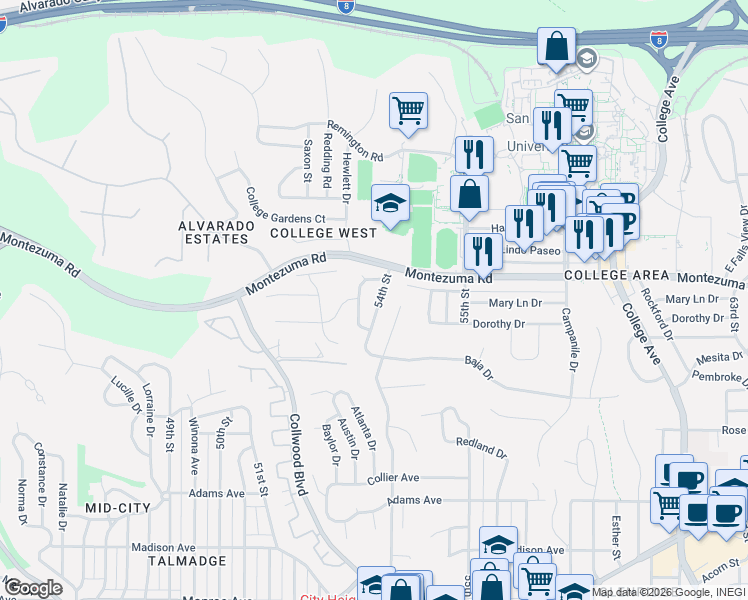map of restaurants, bars, coffee shops, grocery stores, and more near 5073 54th Street in San Diego