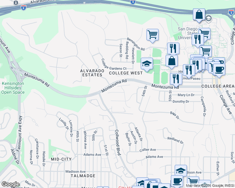 map of restaurants, bars, coffee shops, grocery stores, and more near 5201 Joan Court in San Diego