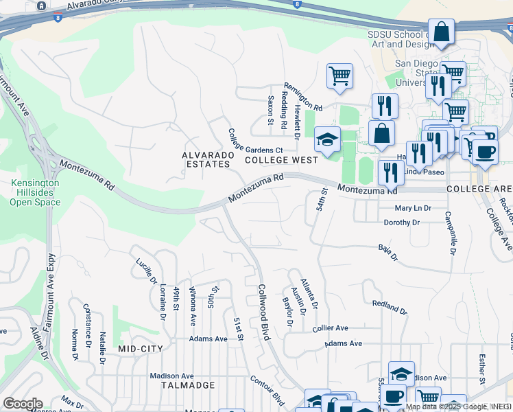 map of restaurants, bars, coffee shops, grocery stores, and more near 5201 Joan Court in San Diego