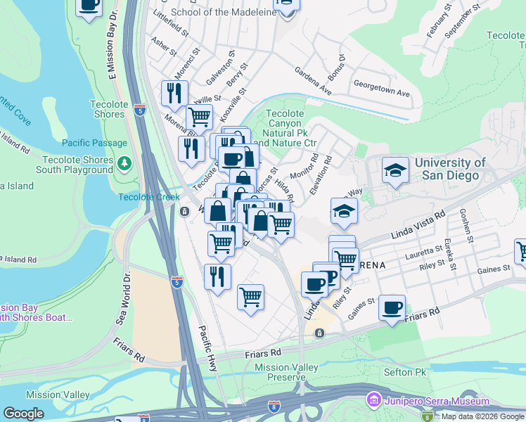 map of restaurants, bars, coffee shops, grocery stores, and more near 1248 Dorcas Street in San Diego