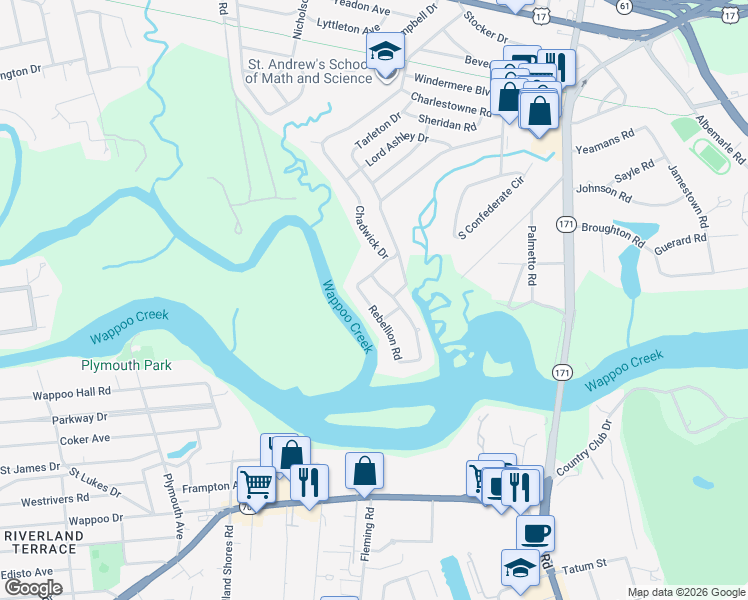 map of restaurants, bars, coffee shops, grocery stores, and more near 6 Dade Drive in Charleston