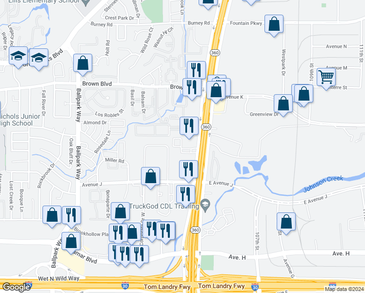 map of restaurants, bars, coffee shops, grocery stores, and more near 2410 Hollowridge Lane in Arlington