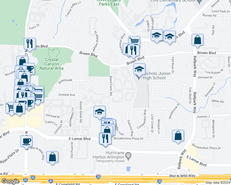 map of restaurants, bars, coffee shops, grocery stores, and more near 2312 Ashcroft Lane in Arlington